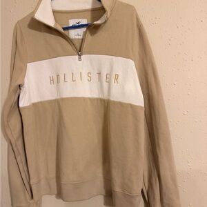 Hollister Men's Zip-Up Sweater in Tan and White